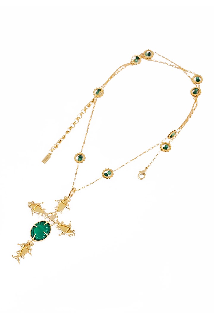 Gold Plated Faux Pearl & Mirror Work Cross Pendant Necklace by AMAMA at Pernia's Pop Up Shop
