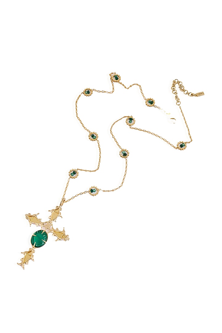 Gold Plated Faux Pearl & Mirror Work Cross Pendant Necklace by AMAMA at Pernia's Pop Up Shop