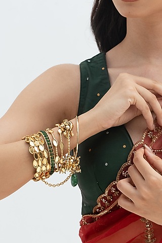 Gold Plated Faux Pearl & Mirror Work Bangles (Set Of 6) by AMAMA