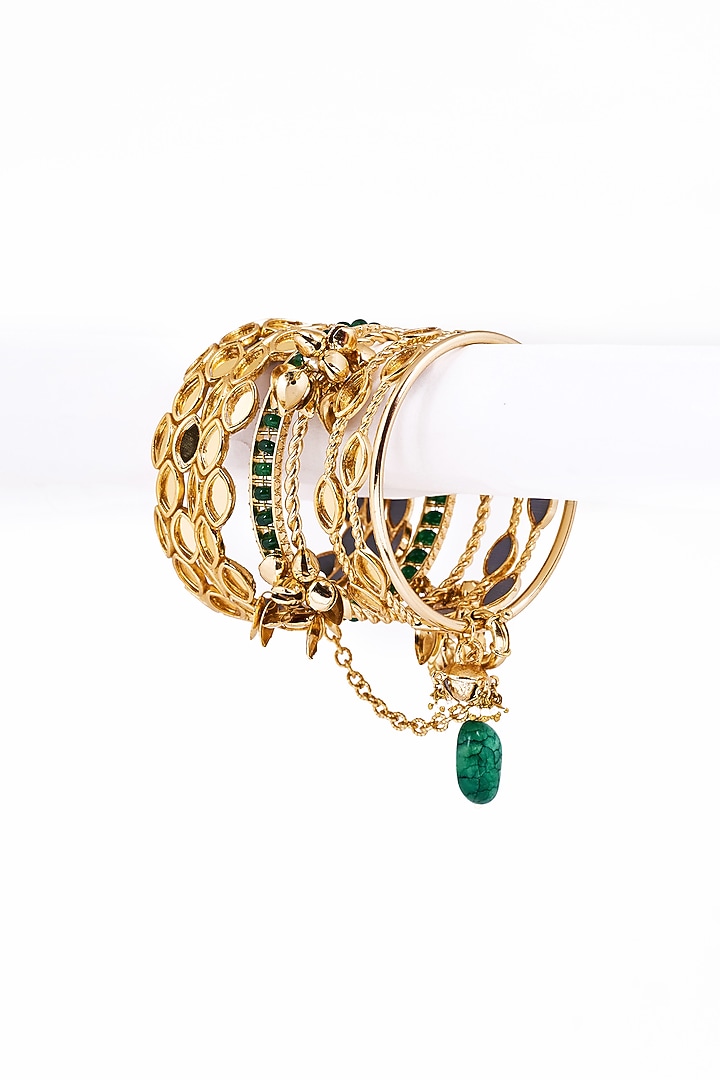 Gold Plated Faux Pearl & Mirror Work Bangles (Set Of 6) by AMAMA at Pernia's Pop Up Shop