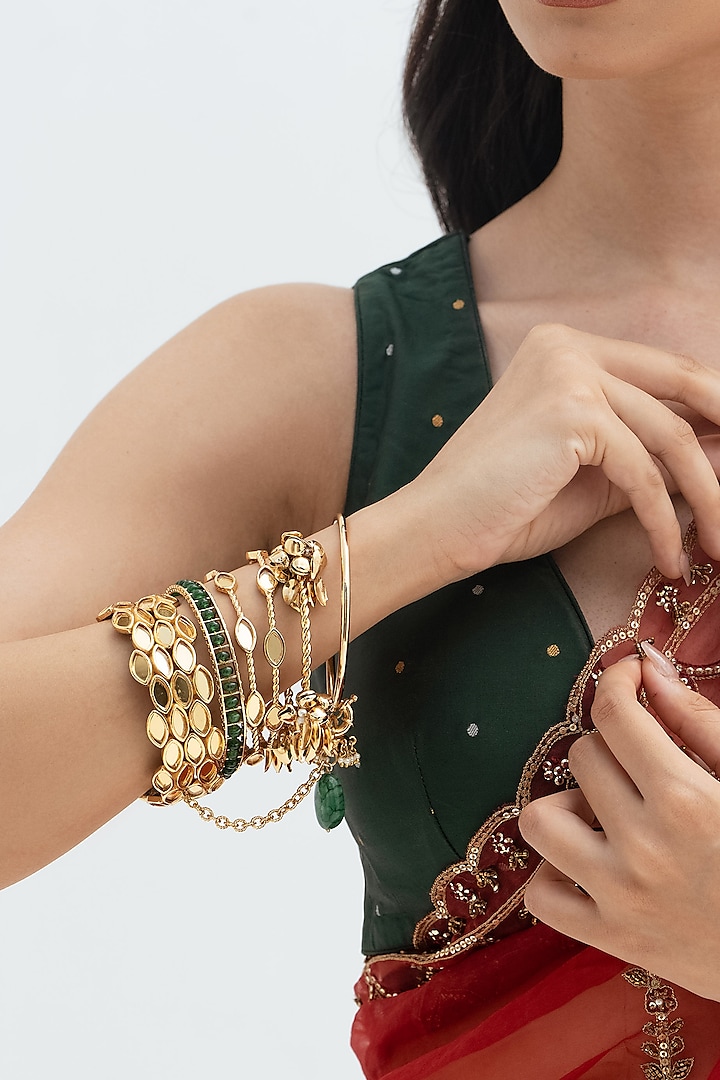 Gold Plated Faux Pearl & Mirror Work Bangles (Set Of 6) by AMAMA at Pernia's Pop Up Shop