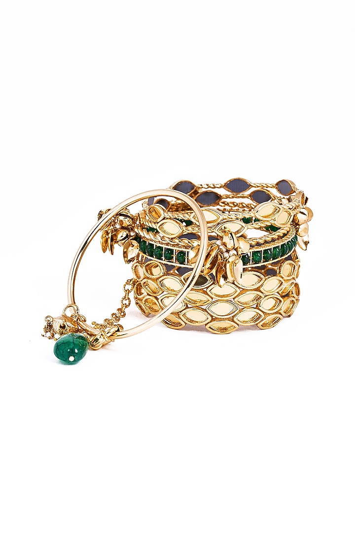 Gold Plated Faux Pearl & Mirror Work Bangles (Set Of 6) by AMAMA at Pernia's Pop Up Shop