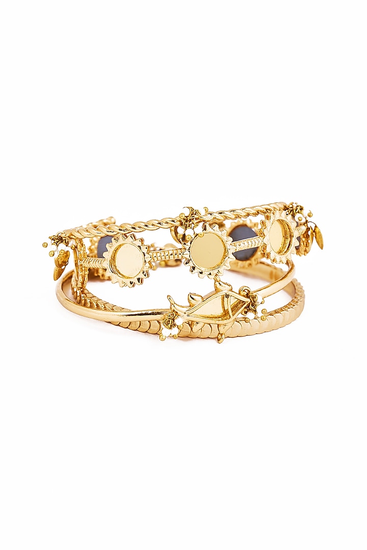 Gold Plated Faux Pearl & Mirror Work Hand Stack Bangles (Set Of 4) by AMAMA at Pernia's Pop Up Shop