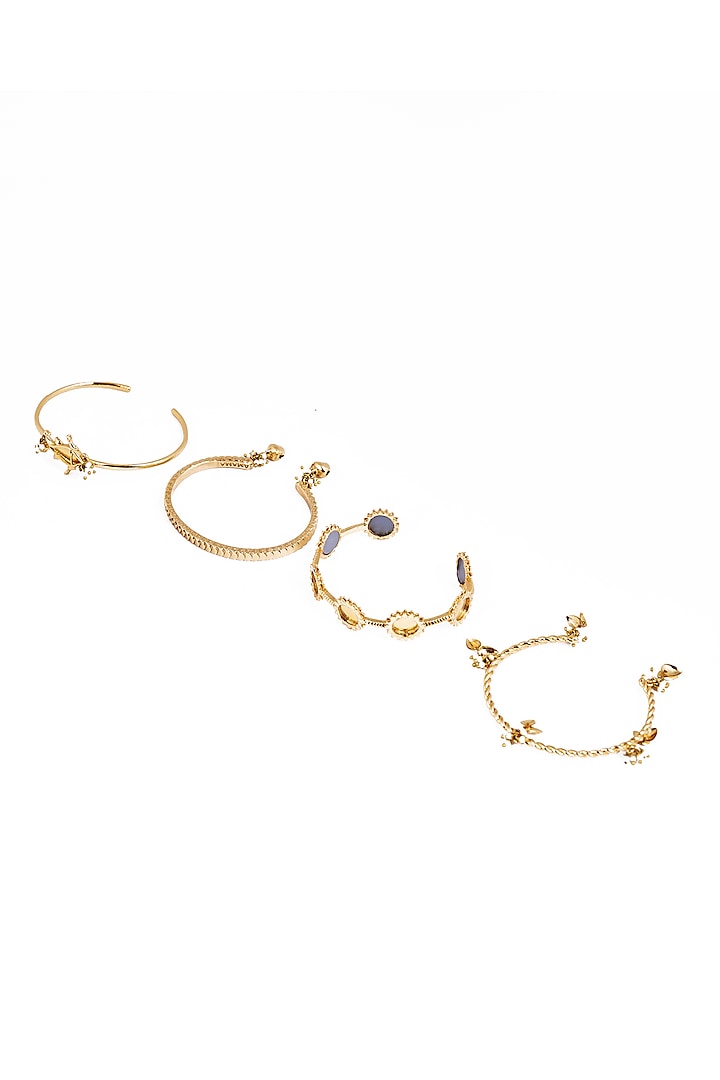 Gold Plated Faux Pearl & Mirror Work Hand Stack Bangles (Set Of 4) by AMAMA at Pernia's Pop Up Shop
