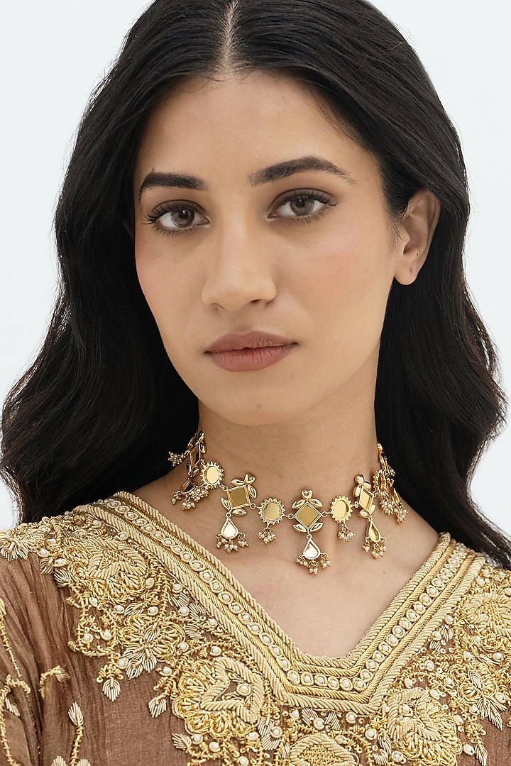 Gold Plated Faux Pearl & Mirror Work Choker Necklace by AMAMA at Pernia's Pop Up Shop