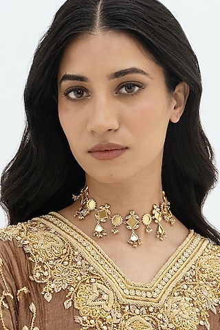 Gold Plated Faux Pearl & Mirror Work Choker Necklace by AMAMA