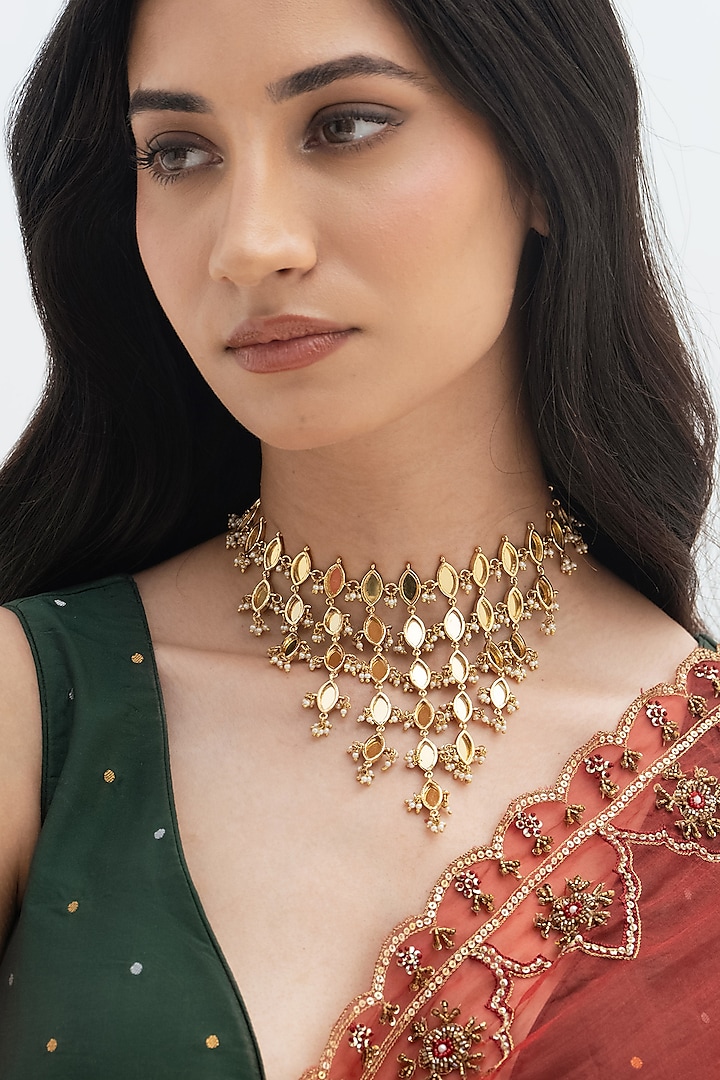 Gold Plated Faux Pearl & Mirror Work Necklace by AMAMA at Pernia's Pop Up Shop