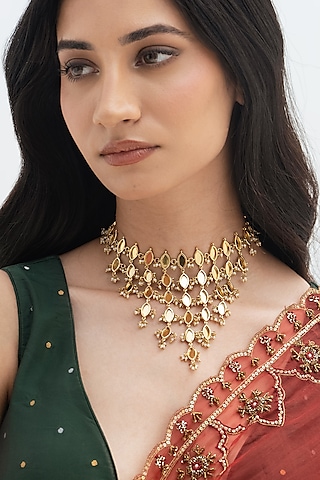 Gold Plated Faux Pearl & Mirror Work Necklace by AMAMA