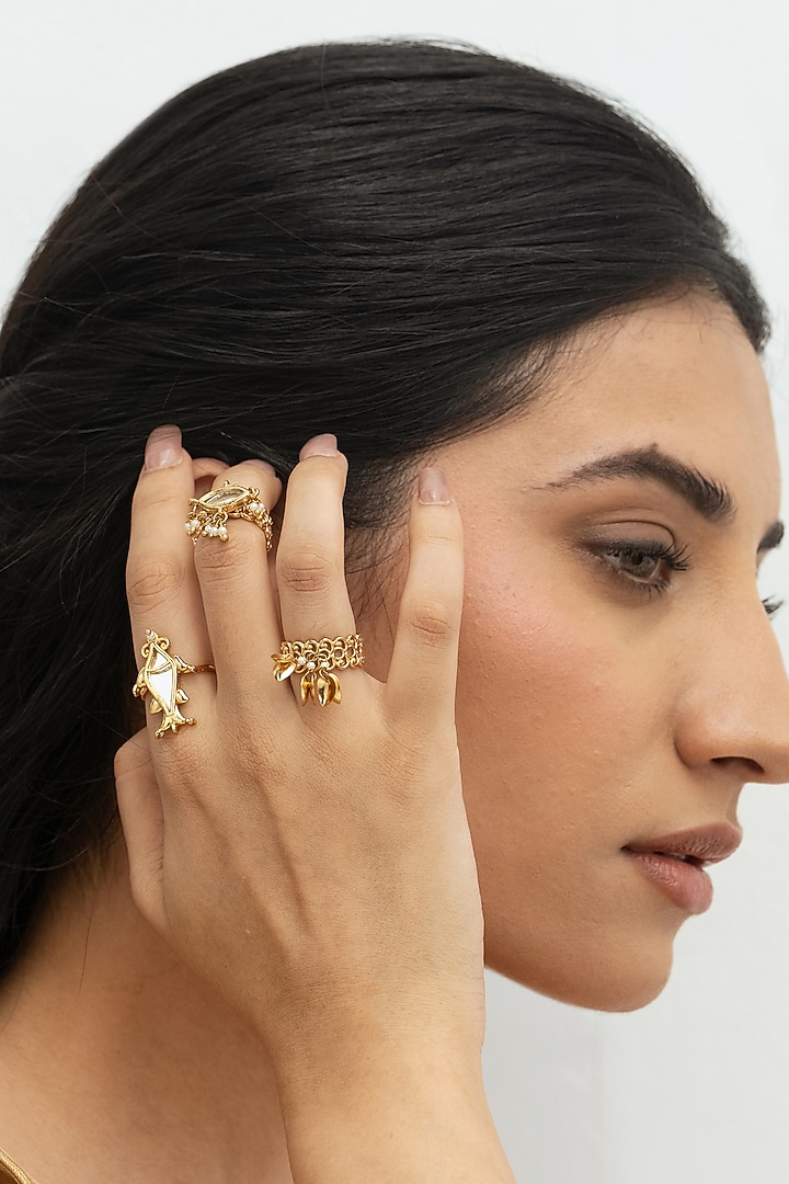 Gold Plated Faux Pearl & Mirror Work Rings (Set Of 3) by AMAMA at Pernia's Pop Up Shop