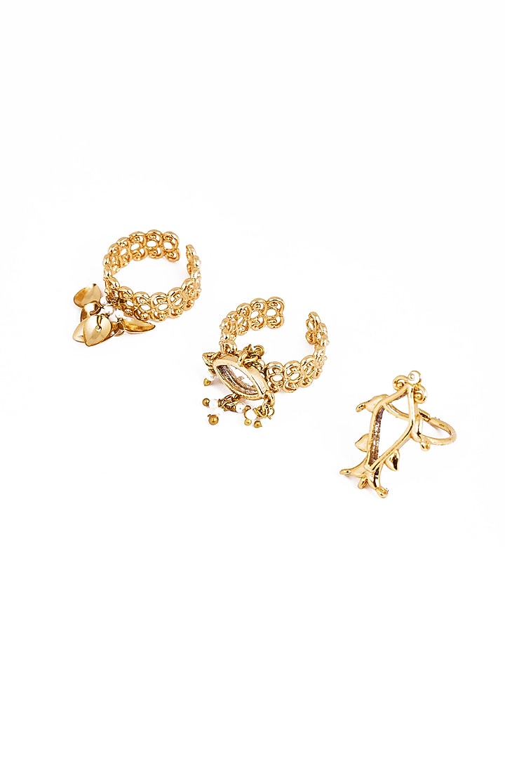 Gold Plated Faux Pearl & Mirror Work Rings (Set Of 3) by AMAMA at Pernia's Pop Up Shop