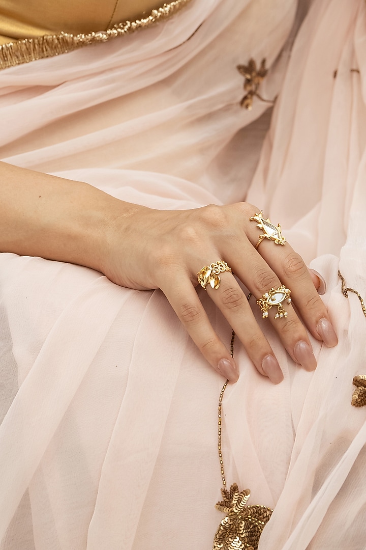 Gold Plated Faux Pearl & Mirror Work Rings (Set Of 3) by AMAMA at Pernia's Pop Up Shop