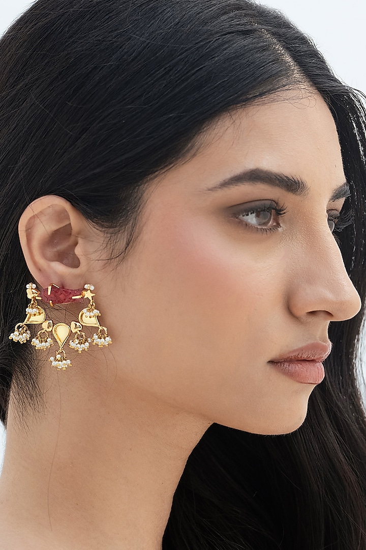 Gold Plated Faux Pearl & Mirror Work Dangler Earrings by AMAMA at Pernia's Pop Up Shop