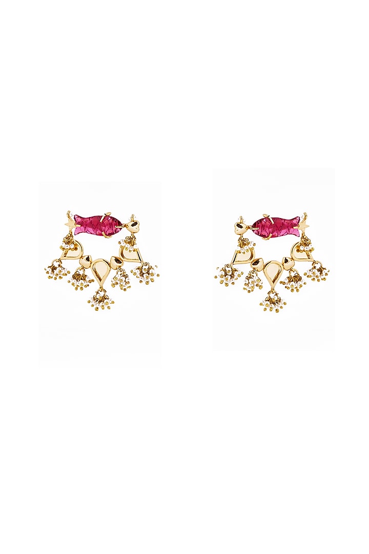 Gold Plated Faux Pearl & Mirror Work Dangler Earrings by AMAMA at Pernia's Pop Up Shop