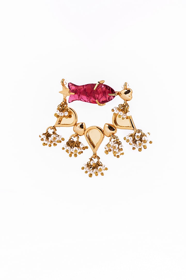 Gold Plated Faux Pearl & Mirror Work Dangler Earrings by AMAMA at Pernia's Pop Up Shop