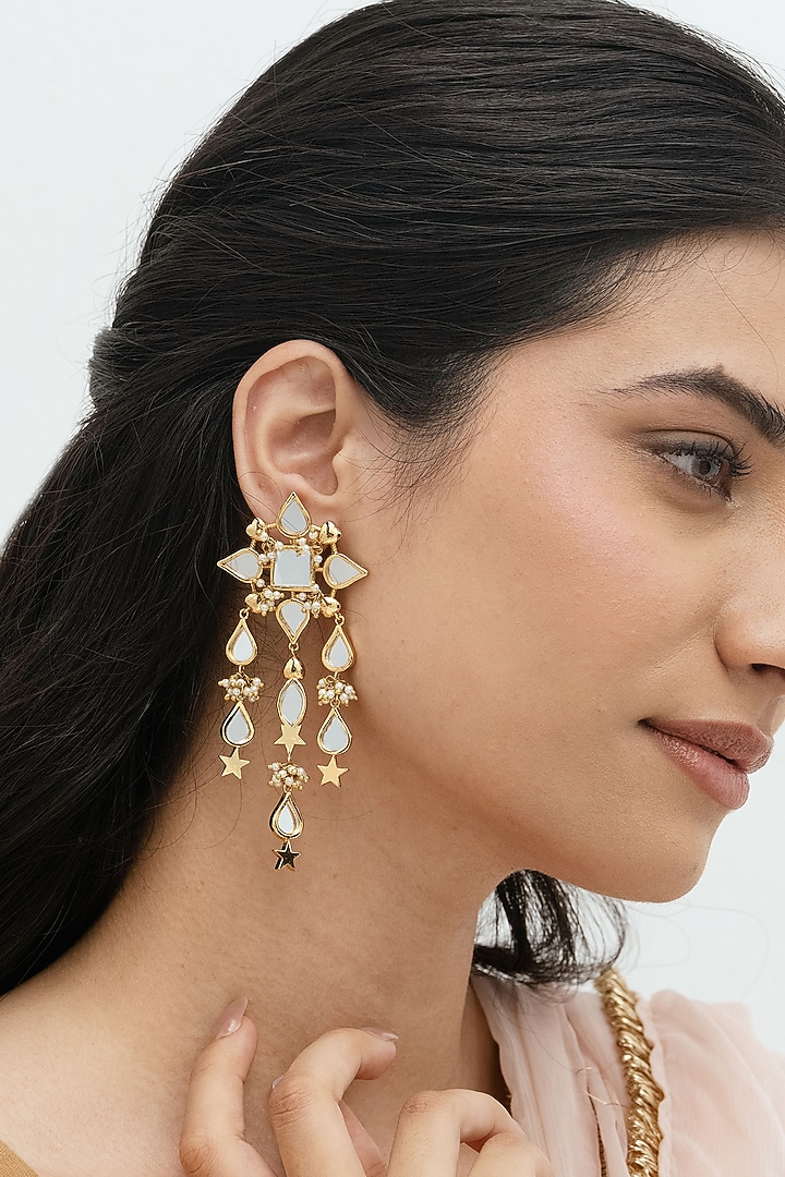 Gold Plated Faux Pearl & Mirror Work Dangler Earrings by AMAMA at Pernia's Pop Up Shop