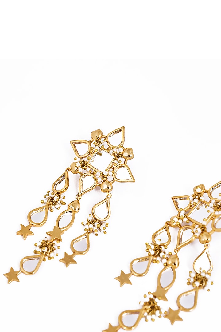 Gold Plated Faux Pearl & Mirror Work Dangler Earrings by AMAMA at Pernia's Pop Up Shop