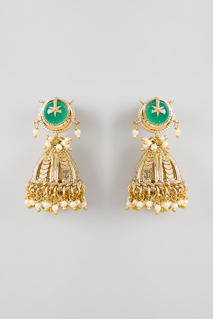 Antique Gold Plated Faux Pearl Jhumka Earrings by AMAMA at Pernia's Pop Up Shop