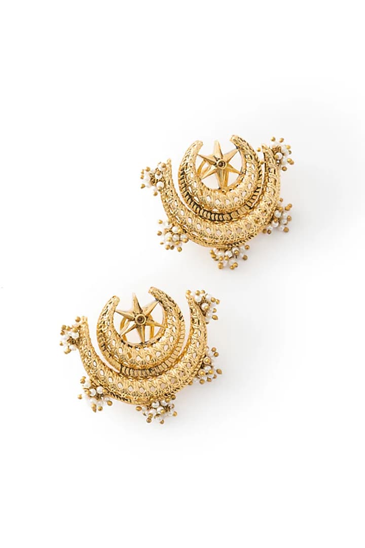 Antique Gold Finish Faux Pearl Stud Earrings by AMAMA at Pernia's Pop Up Shop