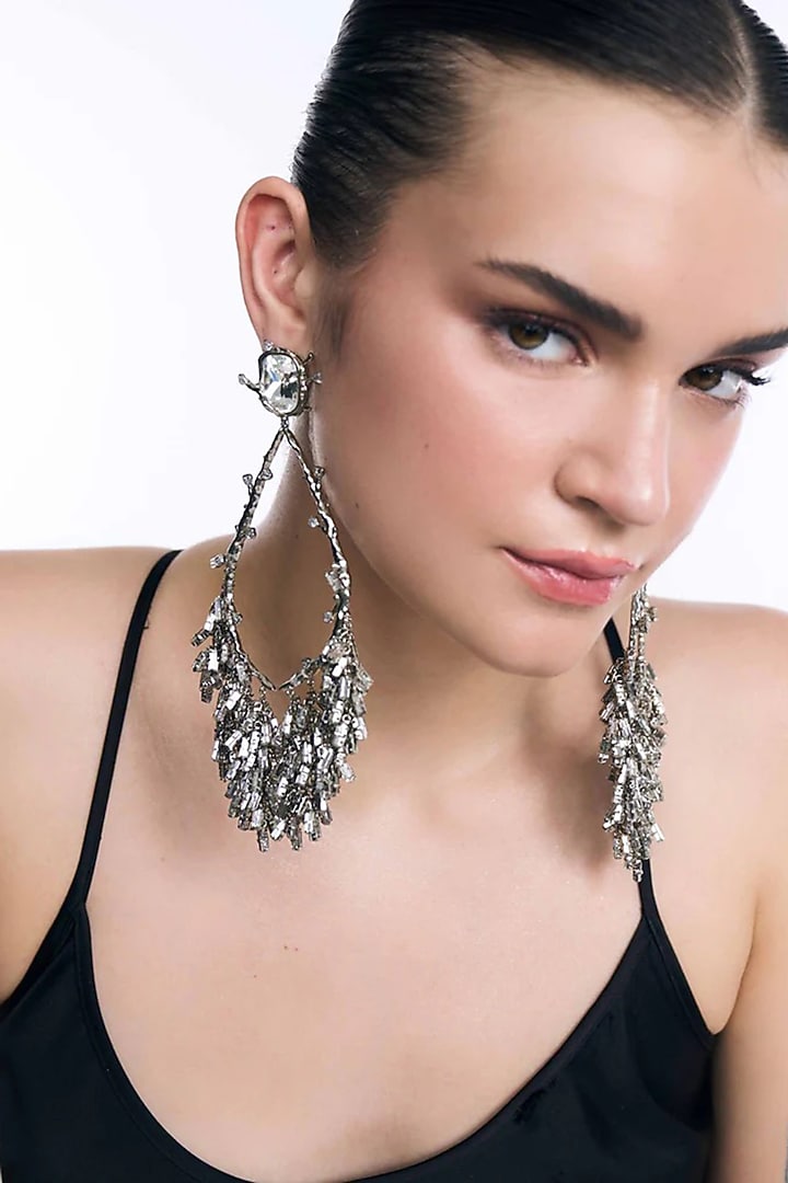 Silver Finish Chaton Stone & Cubic Zirconia Dangler Earrings by AMAMA at Pernia's Pop Up Shop