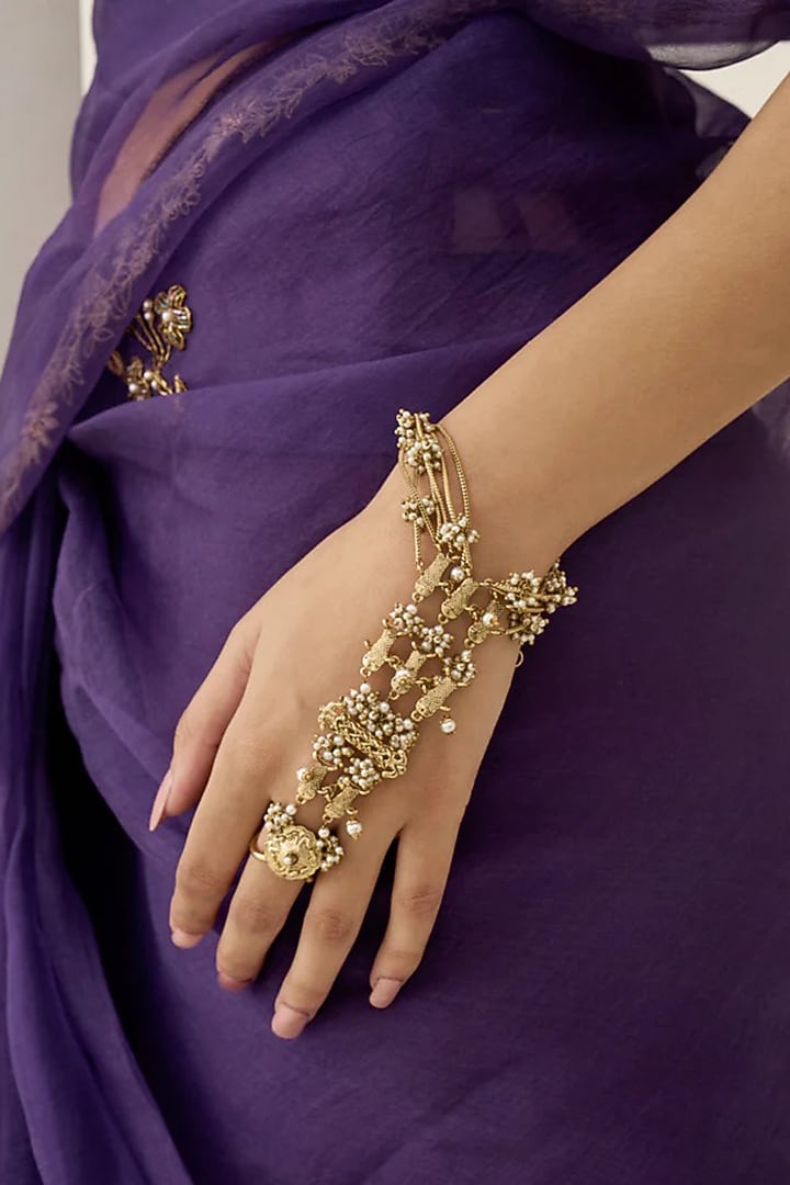 Antique Gold Plated Faux Pearl Haathphool by AMAMA at Pernia's Pop Up Shop