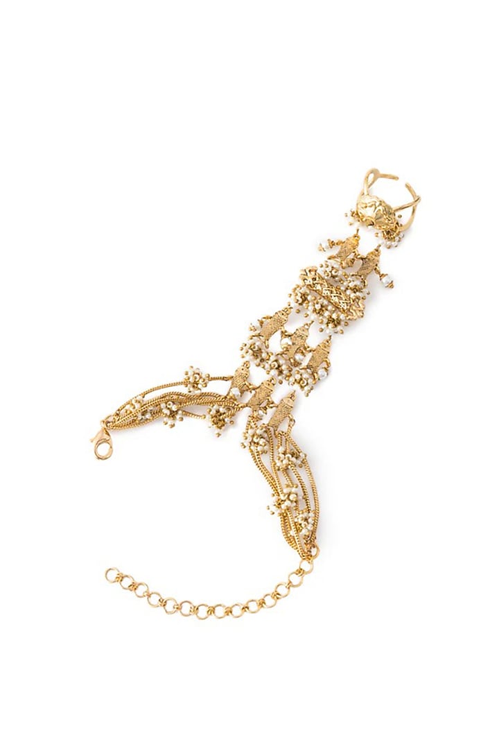 Antique Gold Plated Faux Pearl Haathphool by AMAMA at Pernia's Pop Up Shop