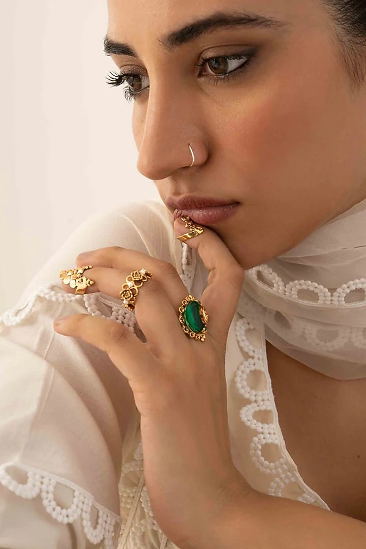 Antique Gold Plated Glass Stone Rings (Set Of 4) by AMAMA at Pernia's Pop Up Shop