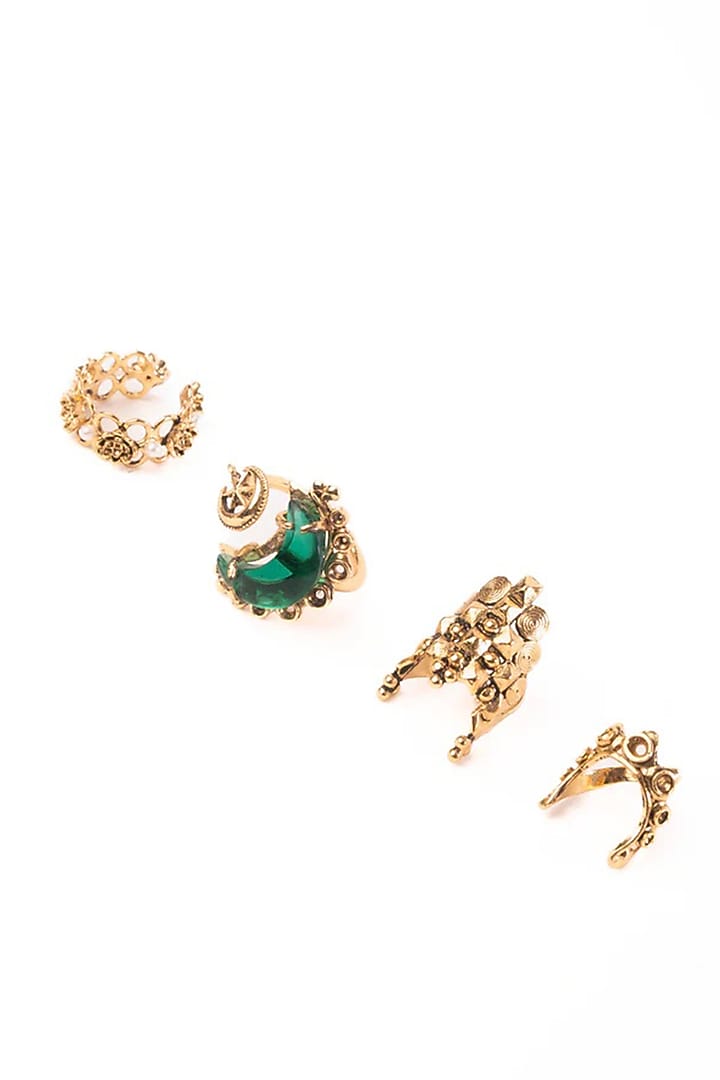 Antique Gold Plated Glass Stone Rings (Set Of 4) by AMAMA at Pernia's Pop Up Shop