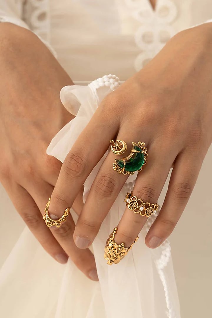 Antique Gold Plated Glass Stone Rings (Set Of 4) by AMAMA at Pernia's Pop Up Shop