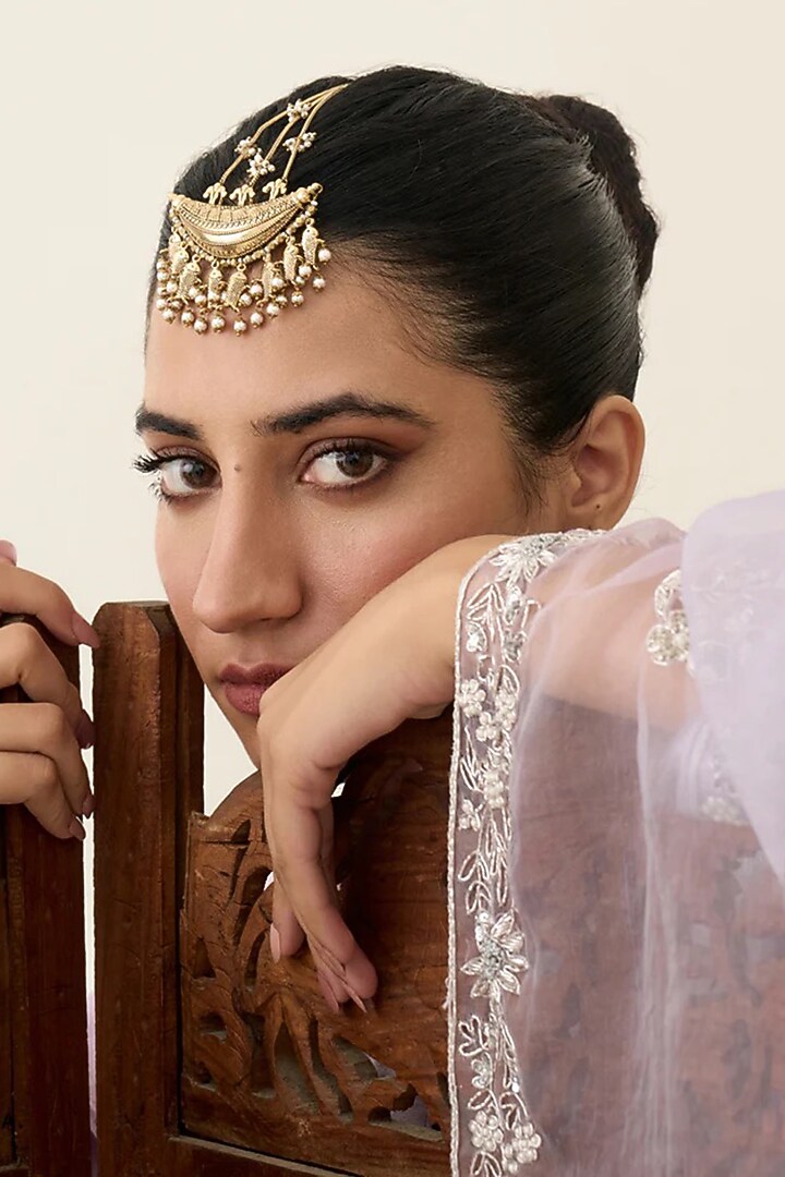 Antique Gold Plated Faux Pearl Maangtikka by AMAMA at Pernia's Pop Up Shop