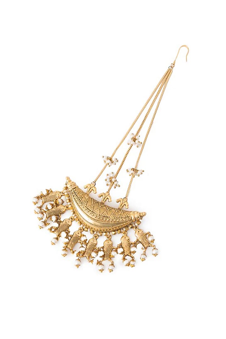 Antique Gold Plated Faux Pearl Maangtikka by AMAMA at Pernia's Pop Up Shop