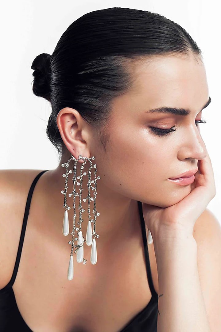 Silver Plated Faux Pearl & Cubic Zirconia Dangler Earrings by AMAMA at Pernia's Pop Up Shop