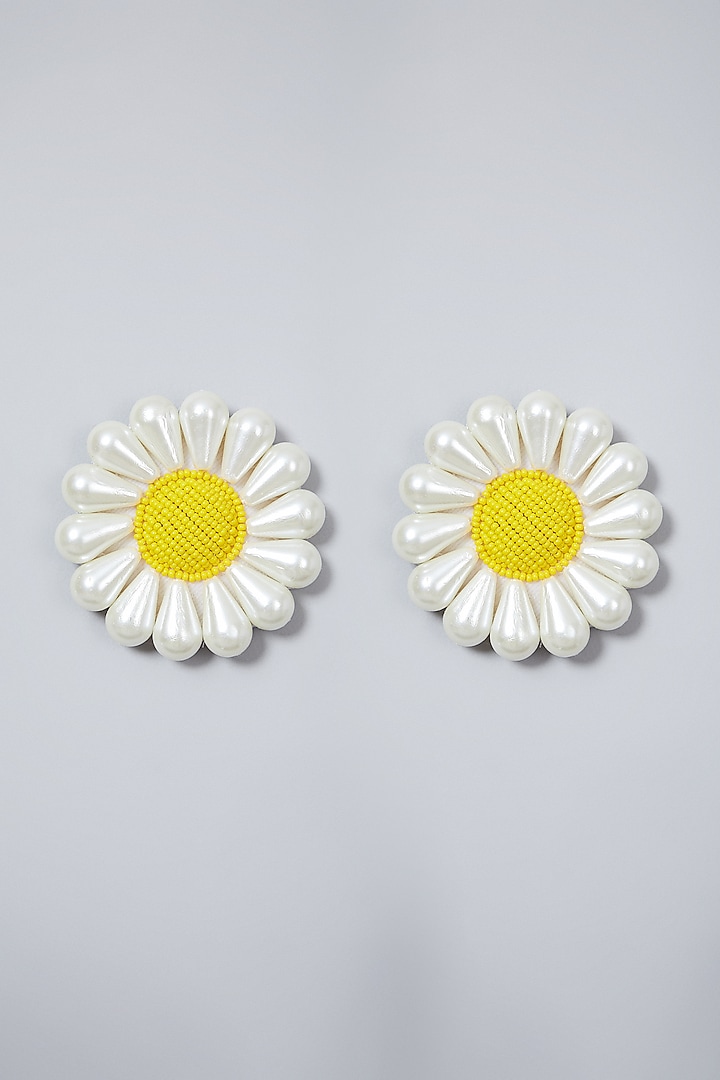 White Hand Embroidered Sunflower Earrings by AMAMA at Pernia's Pop Up Shop