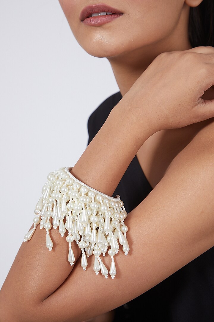 White Hand Embroidered Bracelet by AMAMA at Pernia's Pop Up Shop