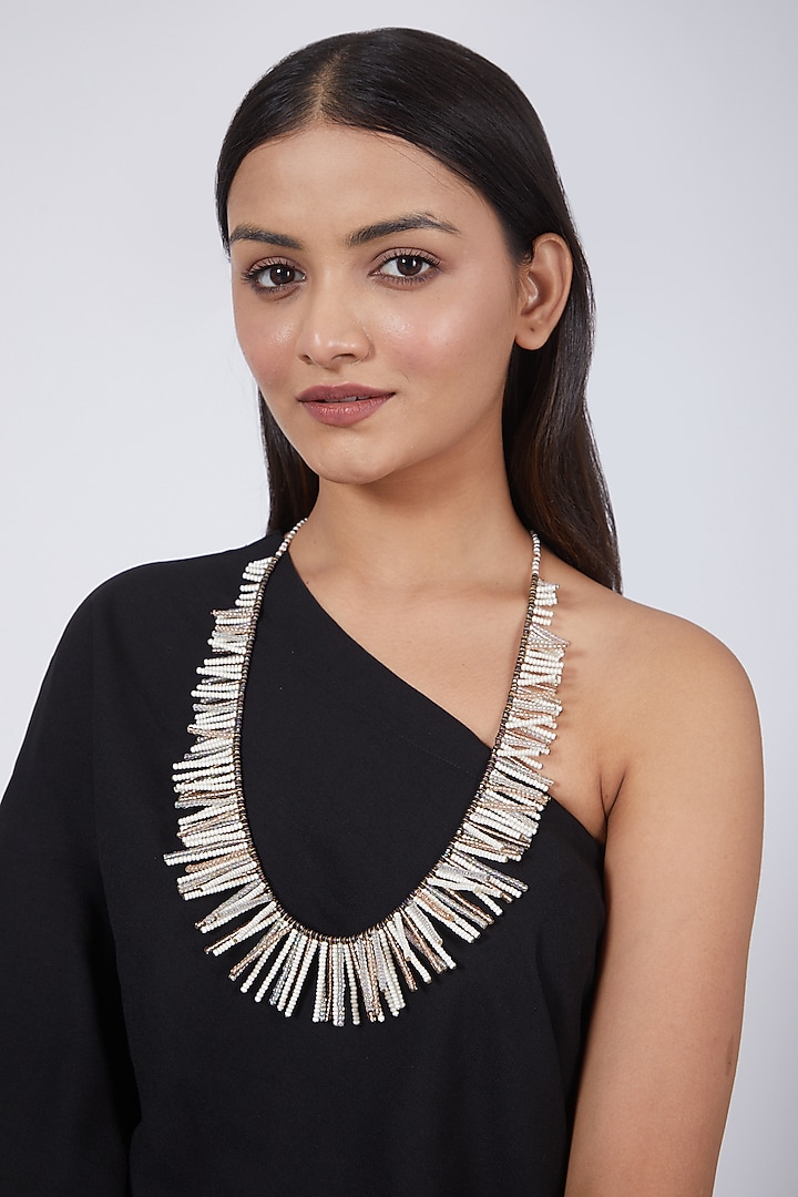White Hand Embroidered Long Necklace by AMAMA at Pernia's Pop Up Shop