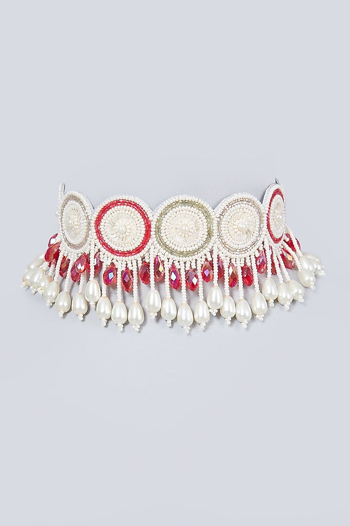 White & Pink Hand Embroidered Choker by AMAMA at Pernia's Pop Up Shop