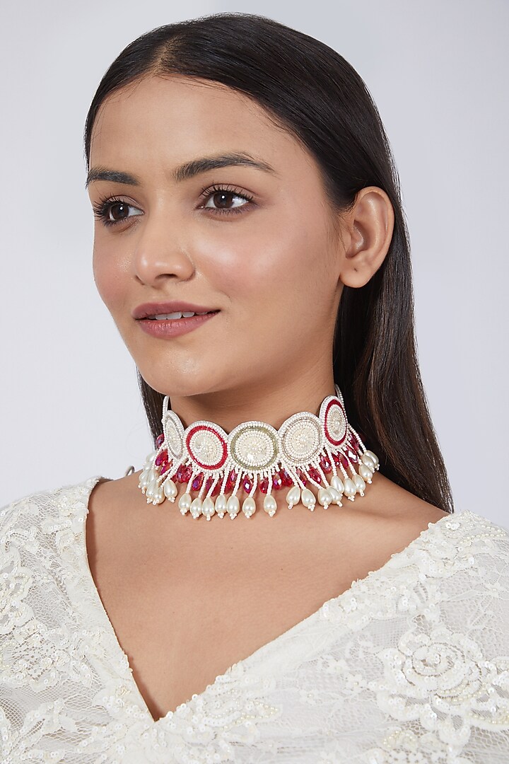 White & Pink Hand Embroidered Choker by AMAMA at Pernia's Pop Up Shop