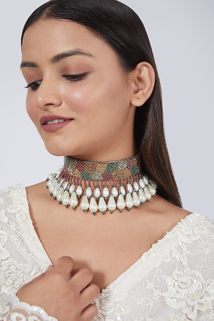 Multi Colored Stone Embroidered Choker by AMAMA
