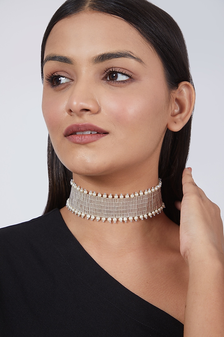 Silver Hand Embroidered Choker by AMAMA at Pernia's Pop Up Shop