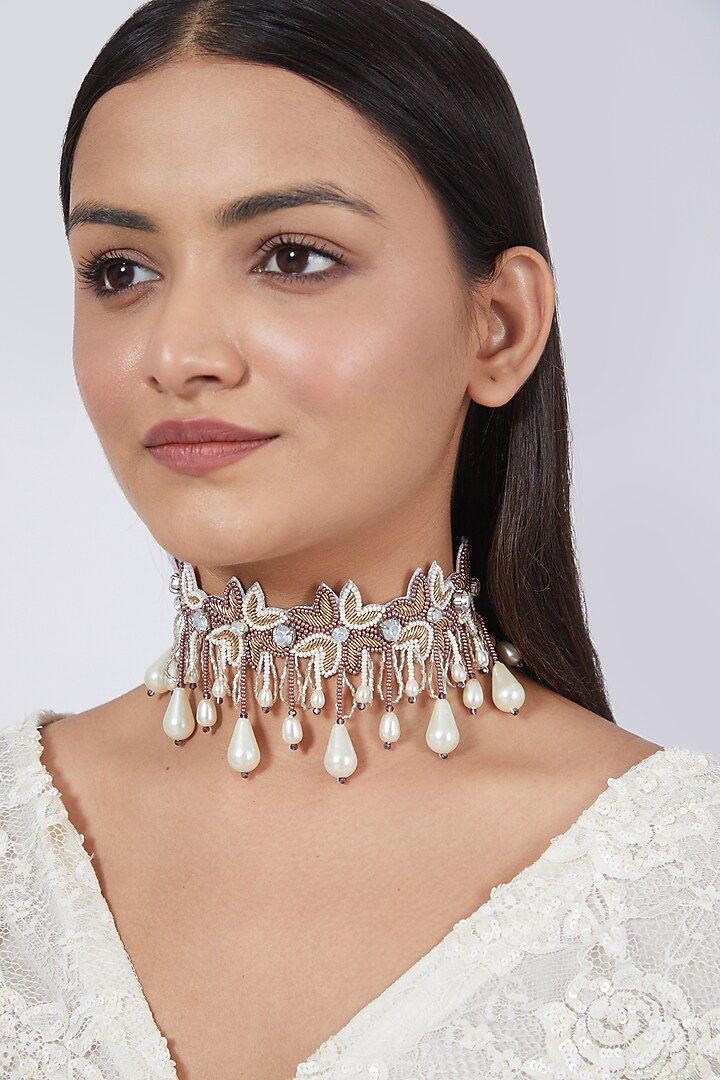 White Floral Hand Embroidered Choker by AMAMA at Pernia's Pop Up Shop