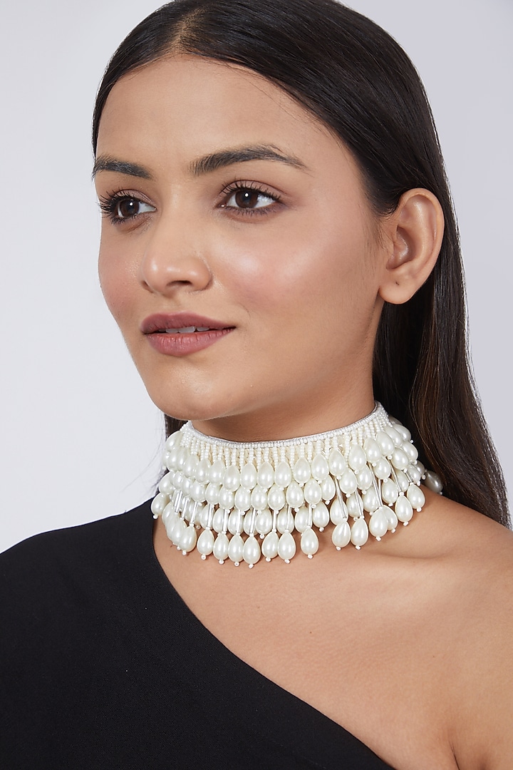 White Hand Embroidered Necklace by AMAMA at Pernia's Pop Up Shop