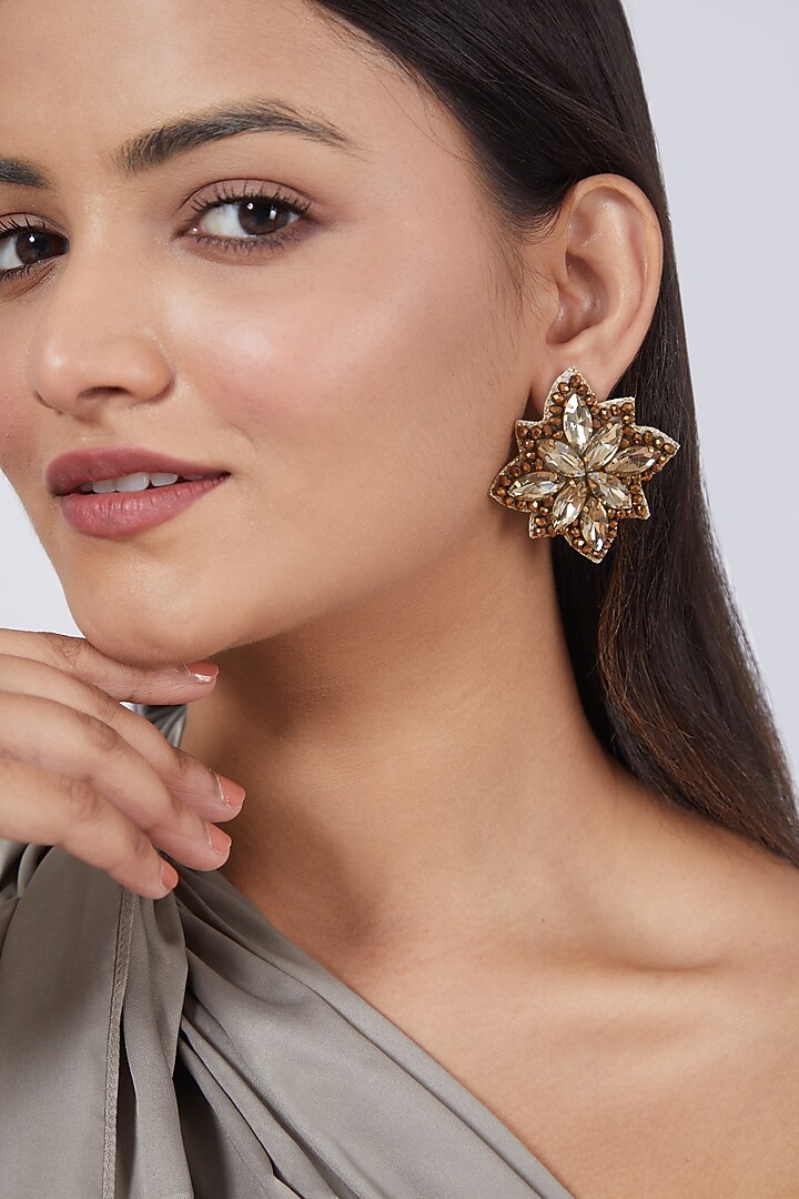 Gold Hand Embroidered Earrings by AMAMA at Pernia's Pop Up Shop