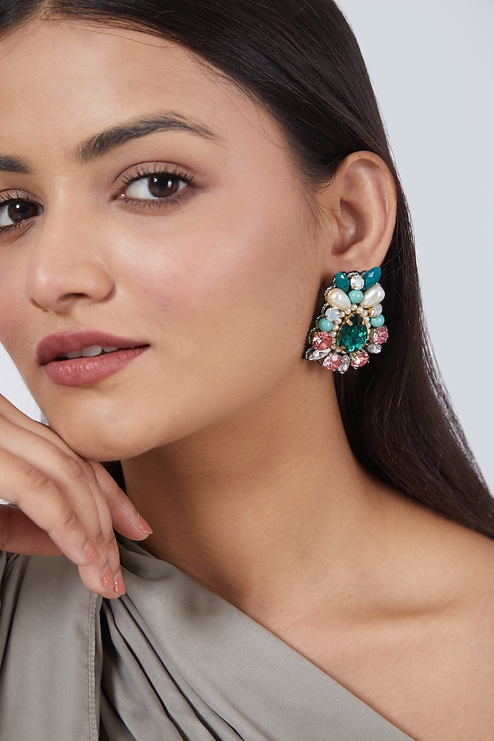 Green Hand Embroidered Earrings by AMAMA at Pernia's Pop Up Shop