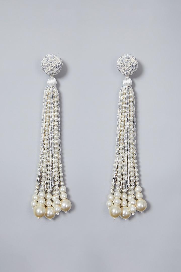 White Embroidered Long Earrings by AMAMA at Pernia's Pop Up Shop
