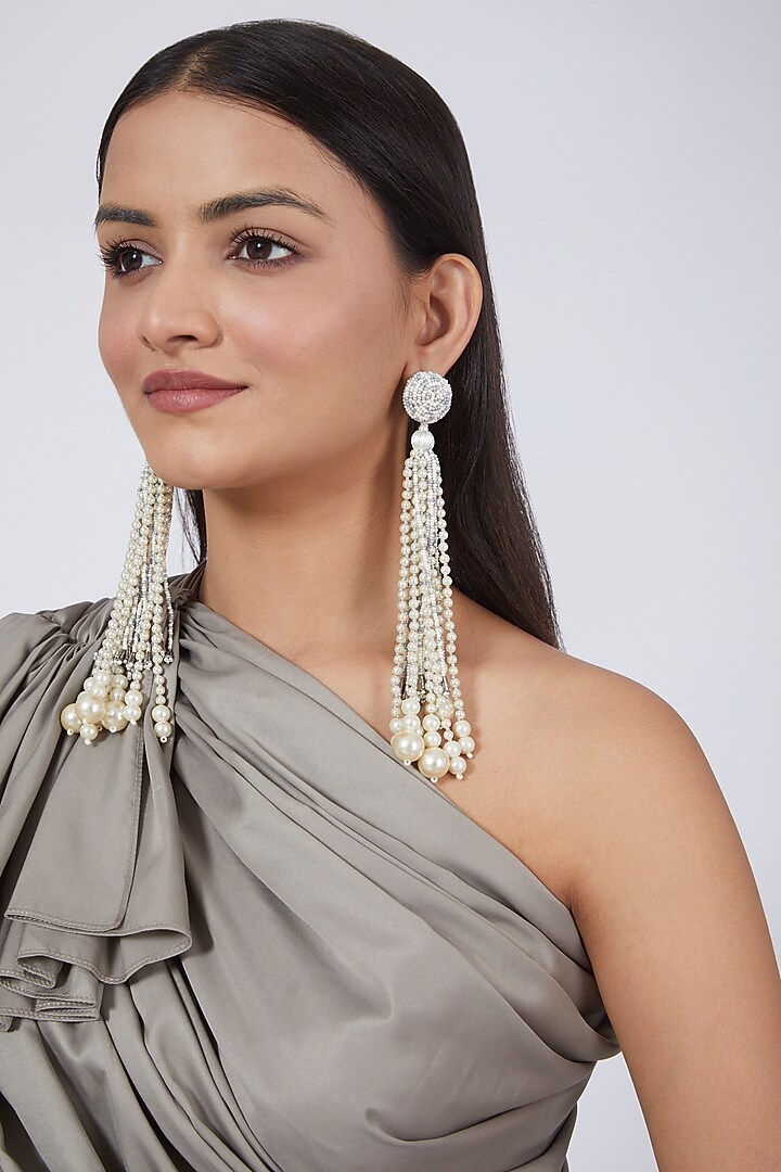 White Embroidered Long Earrings by AMAMA at Pernia's Pop Up Shop