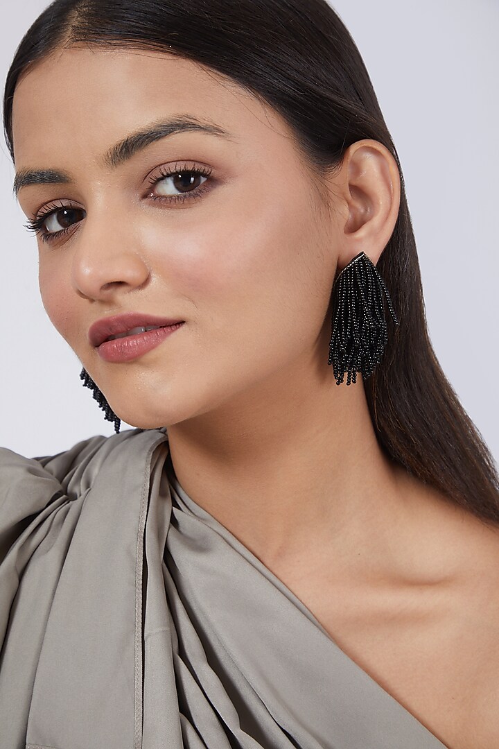 Black Hand Embroidered Earrings by AMAMA at Pernia's Pop Up Shop