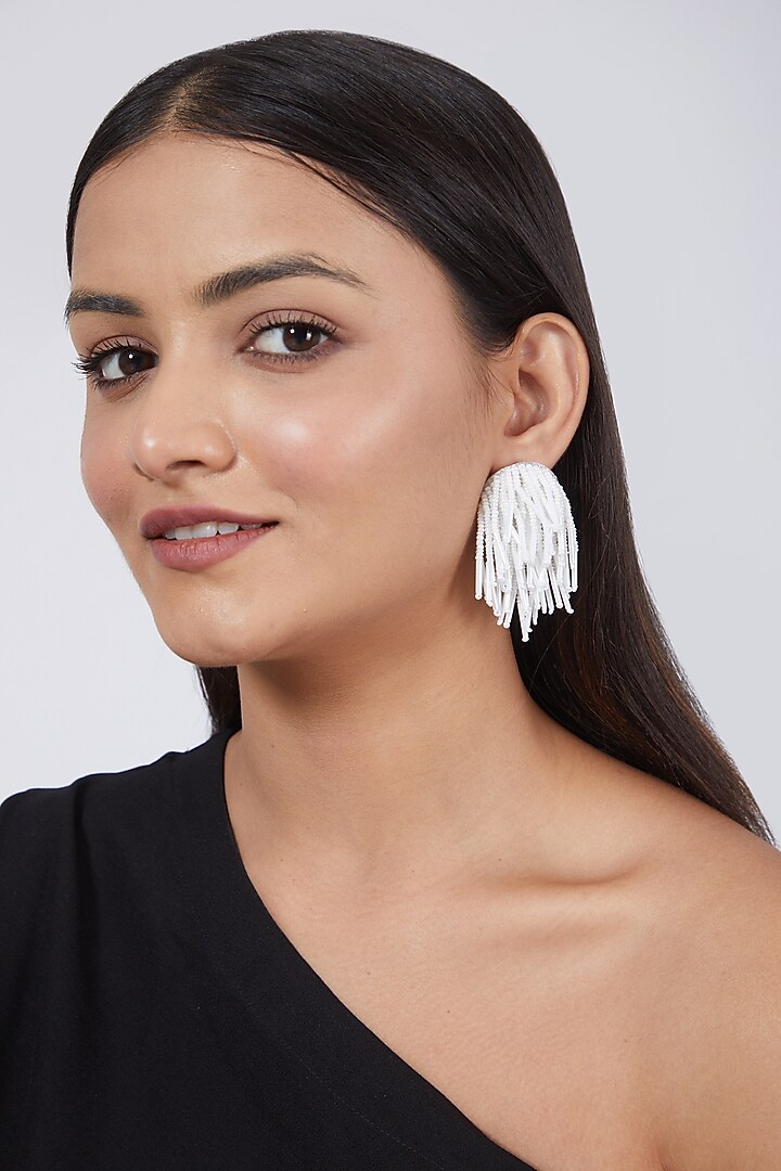 White Hand Embroidered Earrings by AMAMA at Pernia's Pop Up Shop