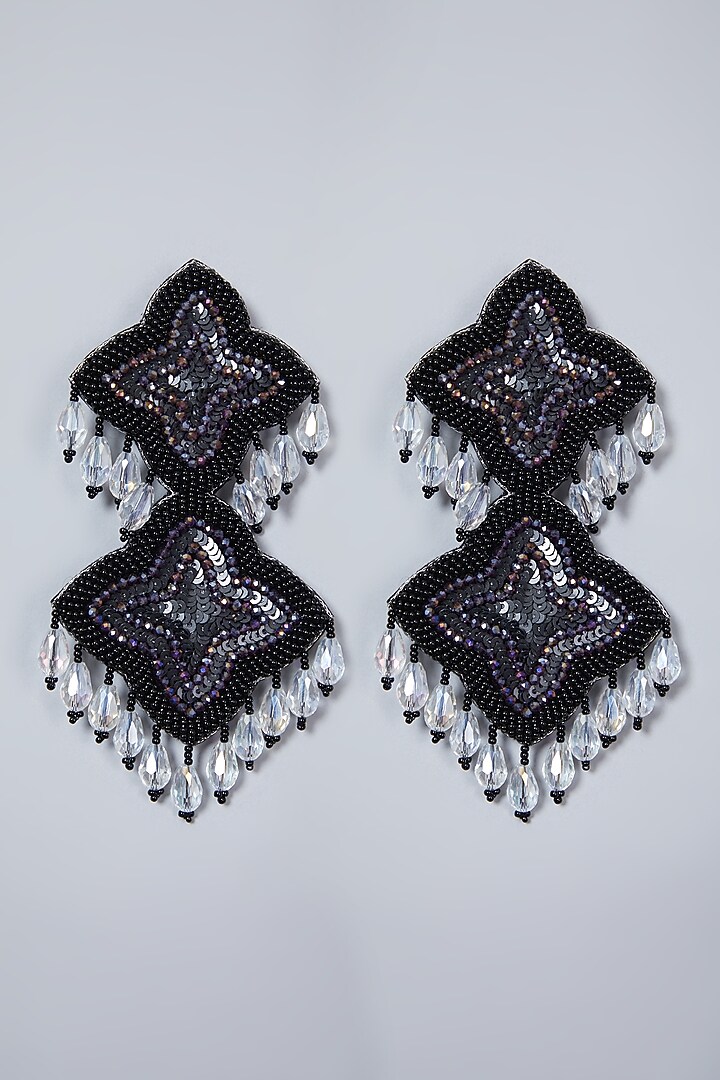 Black Hand Embroidered Long Earrings by AMAMA at Pernia's Pop Up Shop
