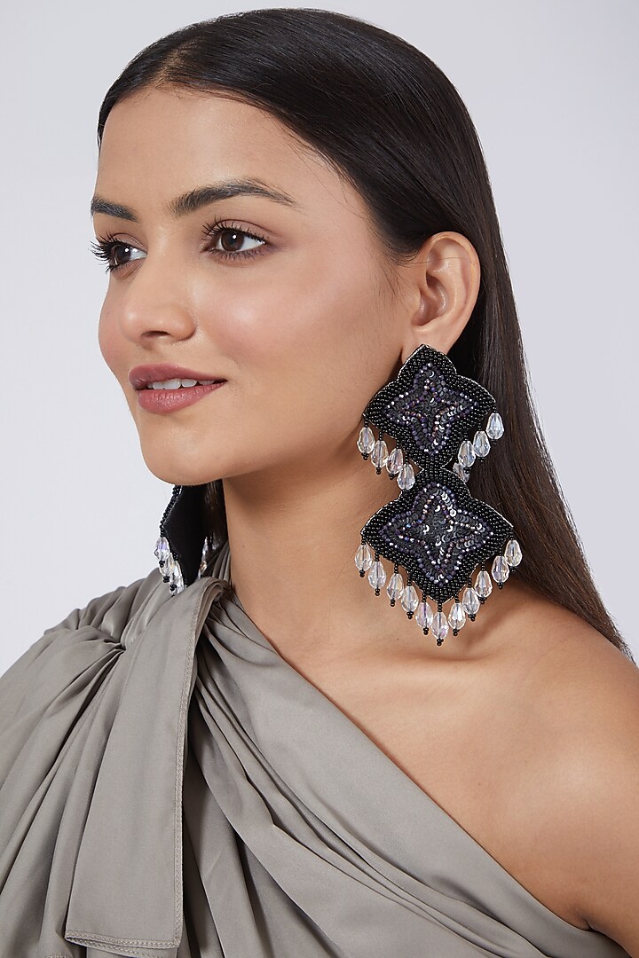 Black Hand Embroidered Long Earrings by AMAMA at Pernia's Pop Up Shop