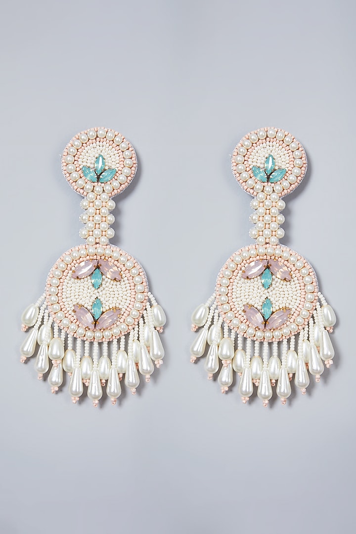 White Glass Stone Embroidered Earrings by AMAMA at Pernia's Pop Up Shop
