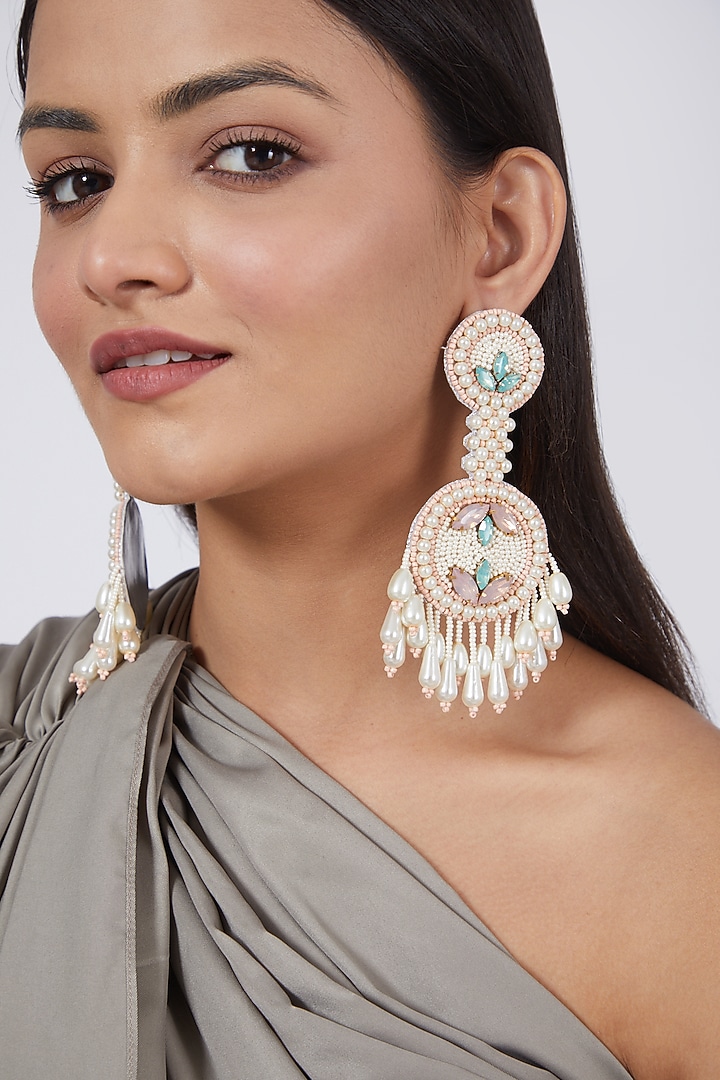 White Glass Stone Embroidered Earrings by AMAMA at Pernia's Pop Up Shop
